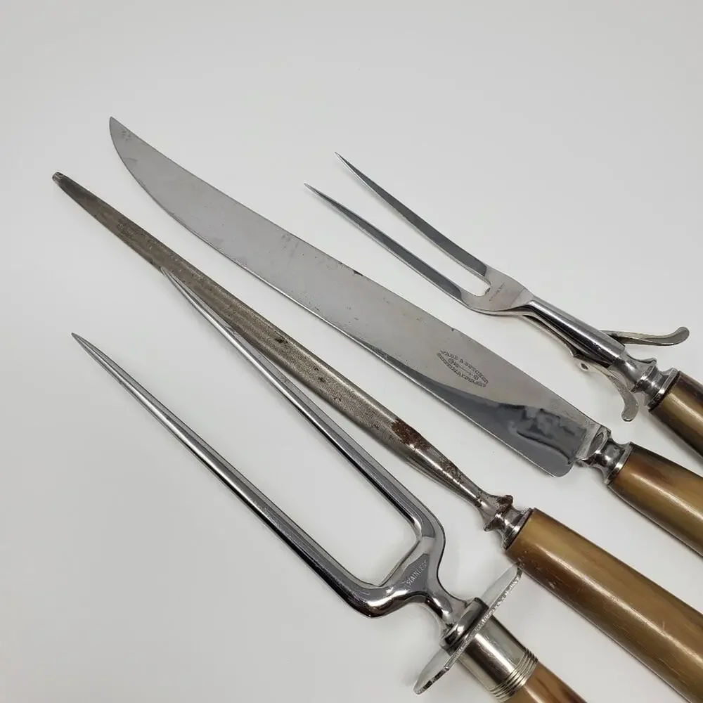 Vintage Wade & Butcher Antler Handle stainless steel knife and tong set